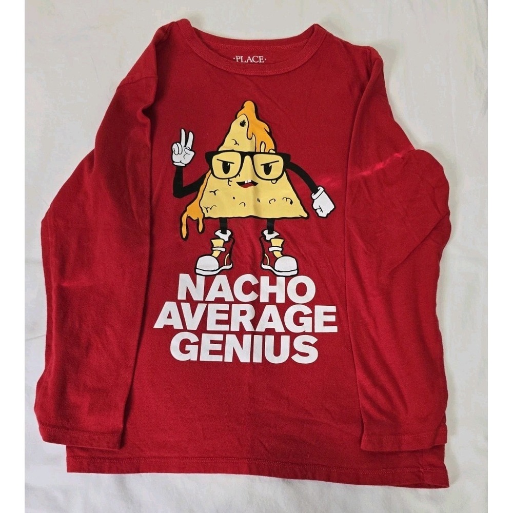 Children's Place Boy's Medium (7-8) Red "Nacho Average Genius" Long-Sleeve Shirt